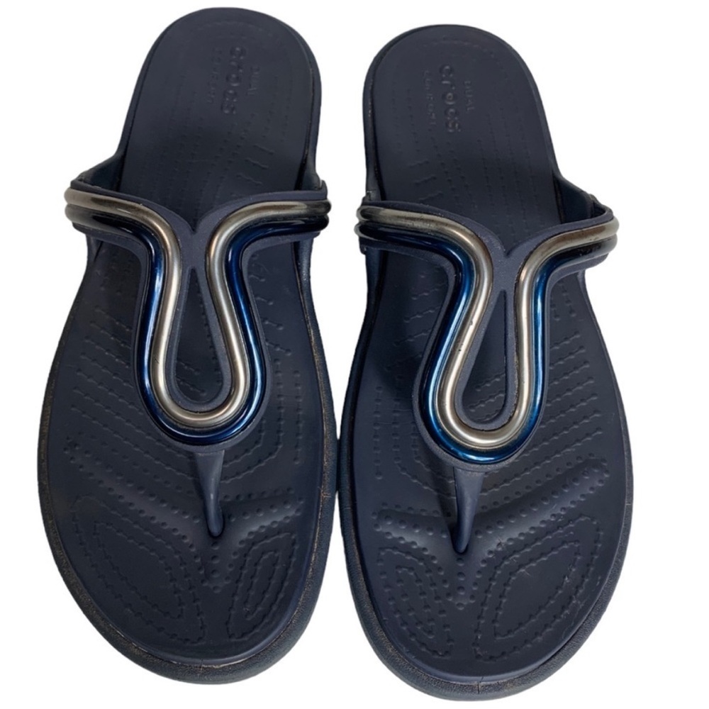 Crocs Sanrah Metal Block Slip Womens Sandal  Size 9 Navy Comfort  Capsule